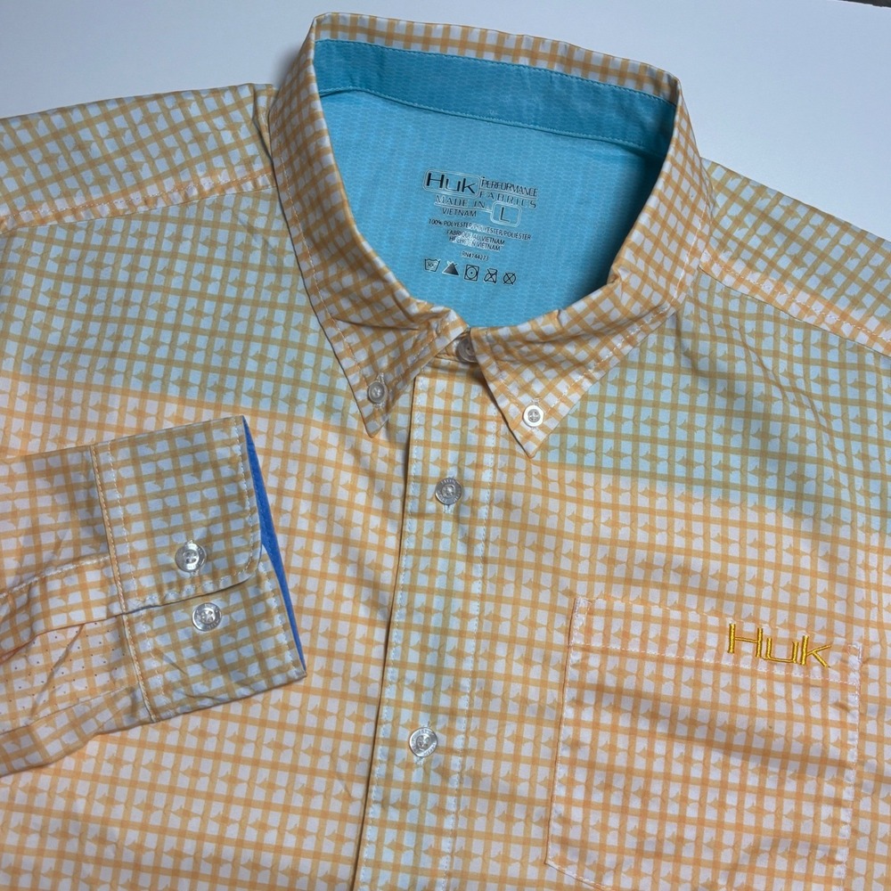 Huk Performance Micro Mesh Fishing Shirt Mens L Orangefi Fsh Check Long Sleeve